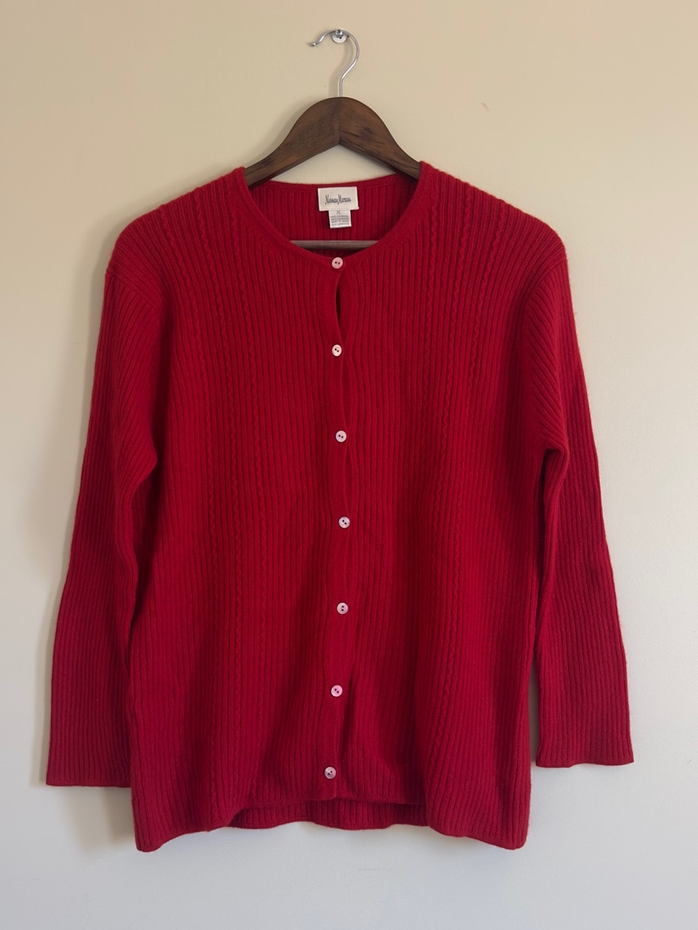 Neiman Marcus 100% Cashmere Vintage Ribbed Cardigan in Lipstick Red